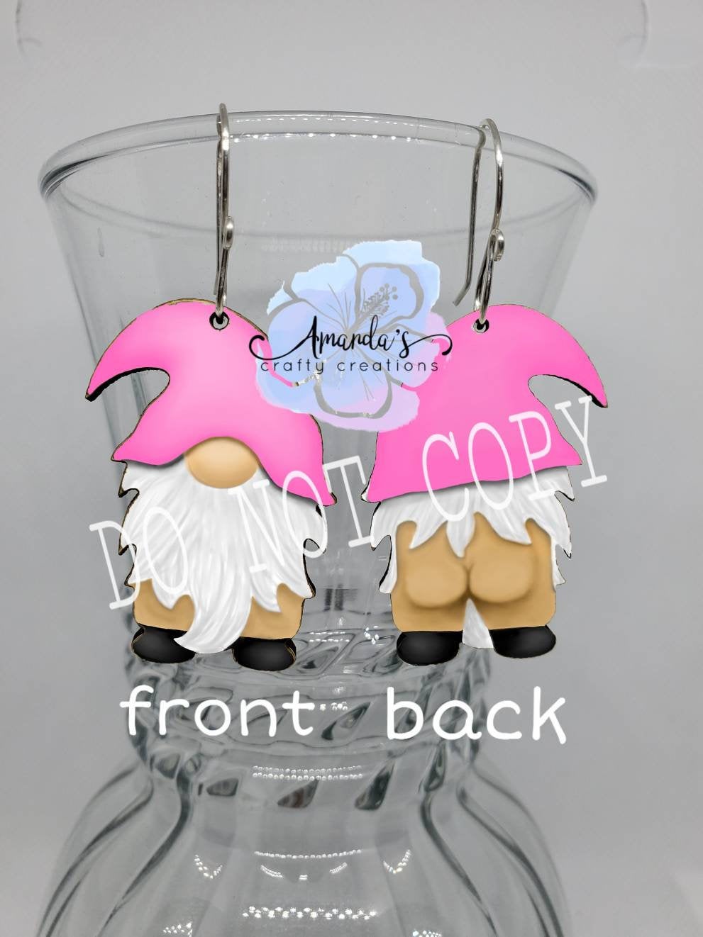 Drop Earrings, naked gnomes in pink hat
