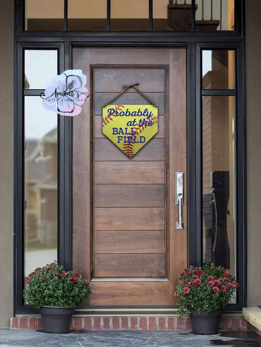 "Baseball Door Hanger" – Home Plate Sublimation Door Sign | "Probably at the Ballfield" Design