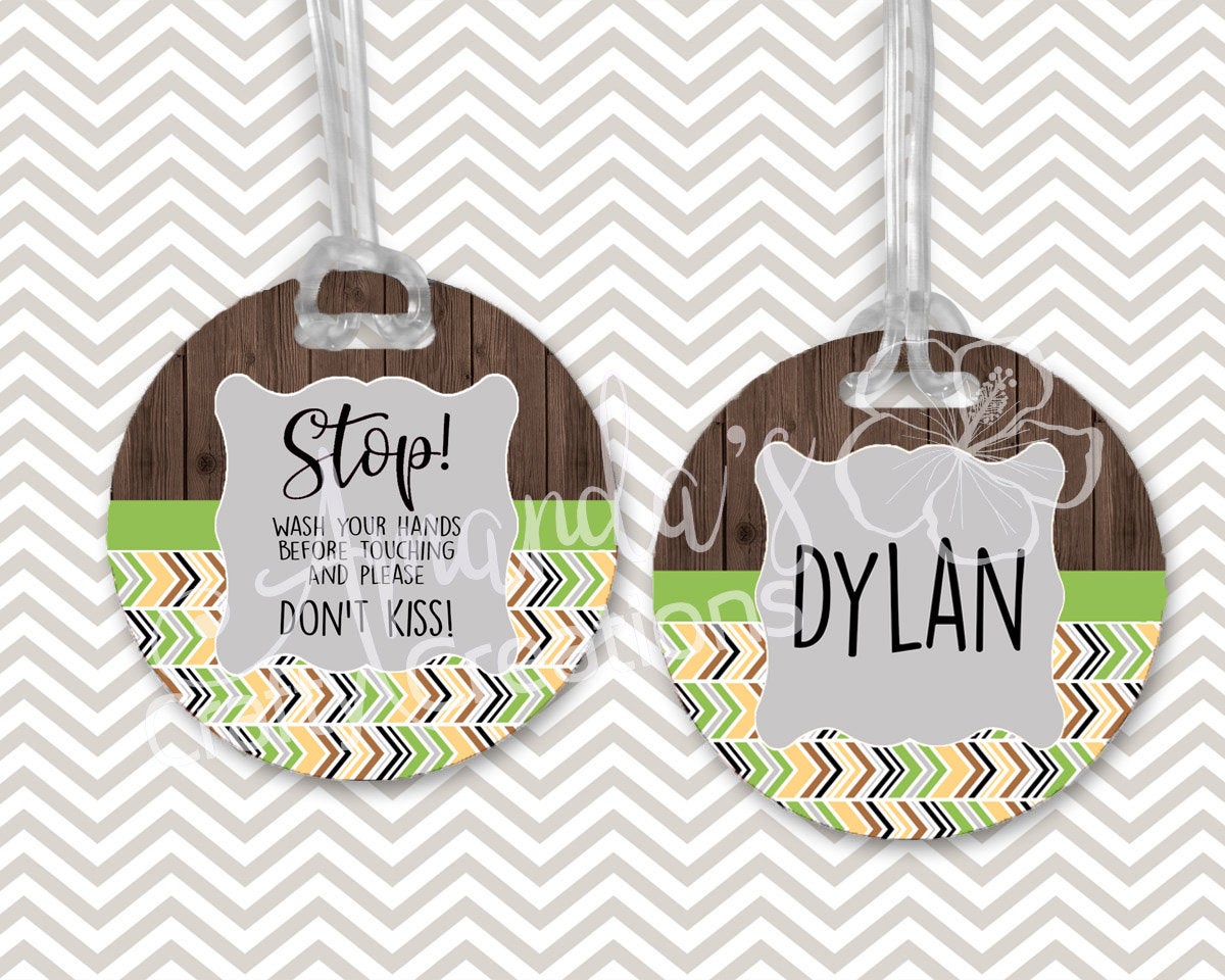 Stop wash your hands before touching and don't kiss the baby stroller tags, green and brown