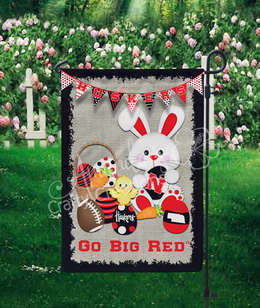 Easter garden flag with Nebraska Husker Go Big Red Easter bunny
