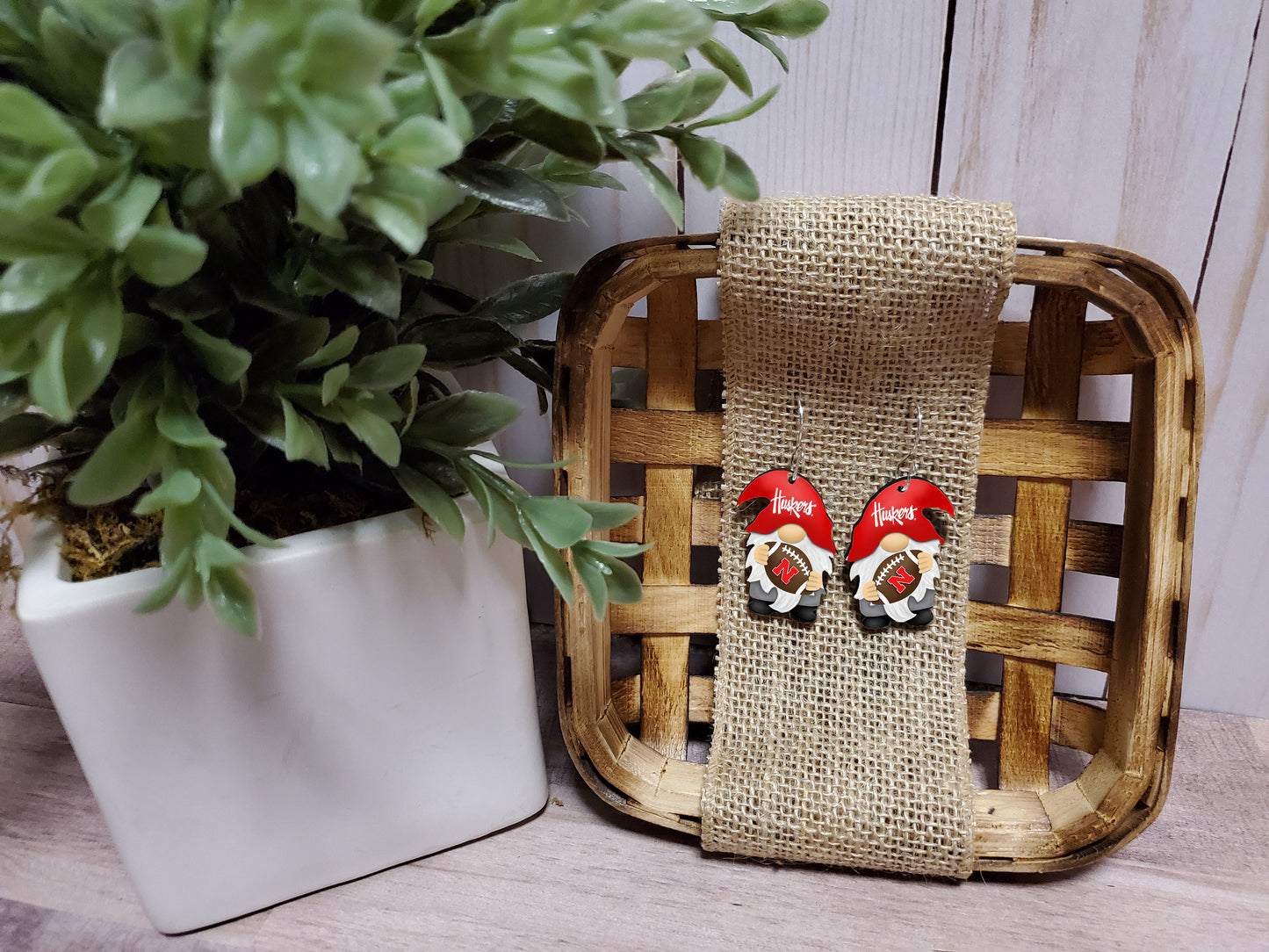Drop Earrings, Dangle Earrings, Gnome Earrings, Husker gnome Earrings, Licensed Nebraska Cornhusker Product, Nebraska Husker Earrings