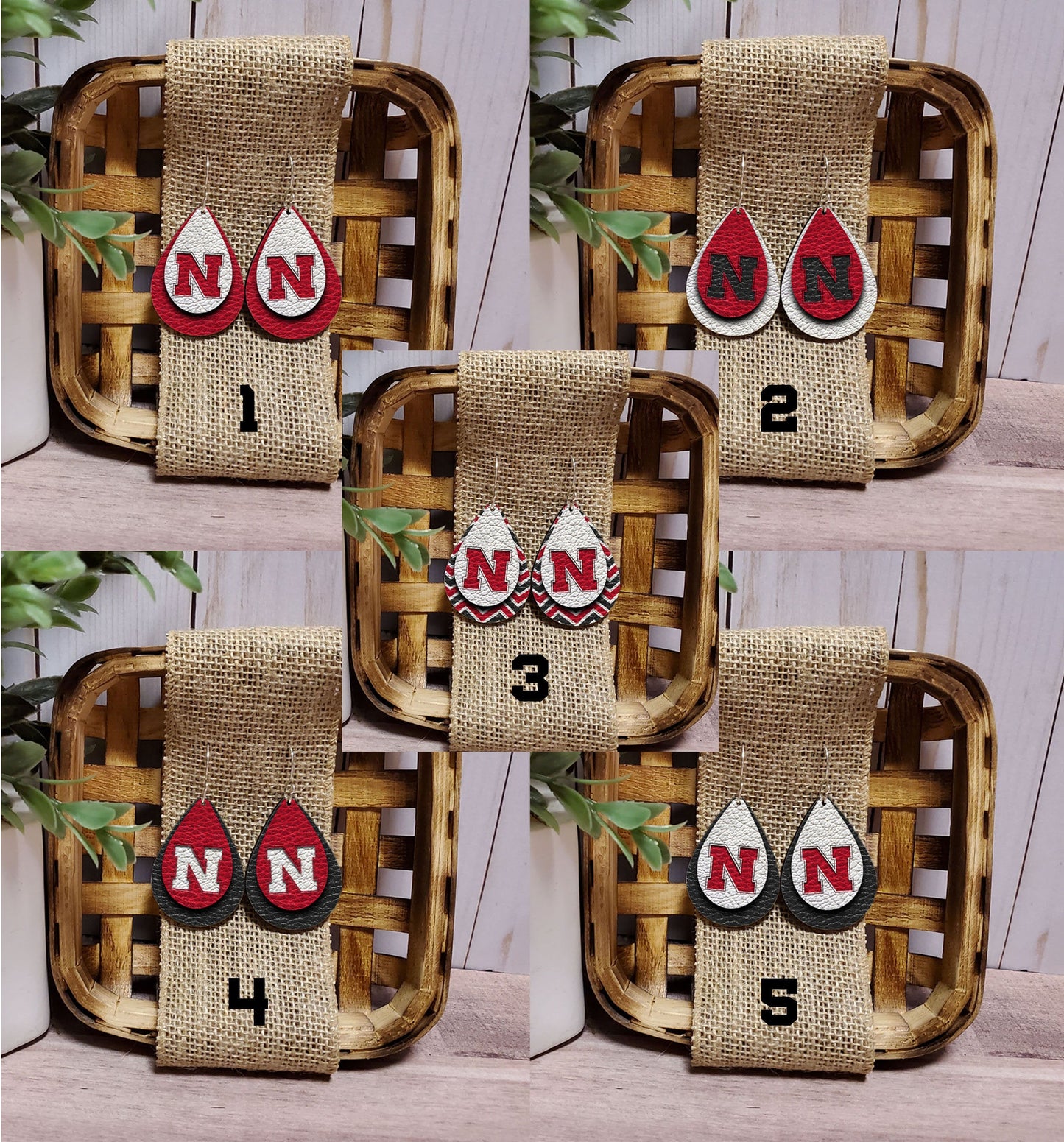 Drop Earrings, choose your design Nebraska Huskers N black, red, white
