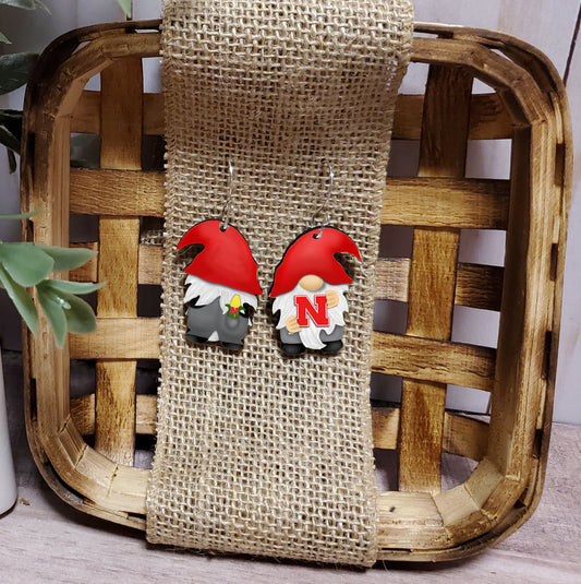 Drop Earrings, Dangle Earrings, Gnome Earrings, Husker gnome Earrings, Licensed Nebraska Cornhusker Product, Nebraska Husker Earrings