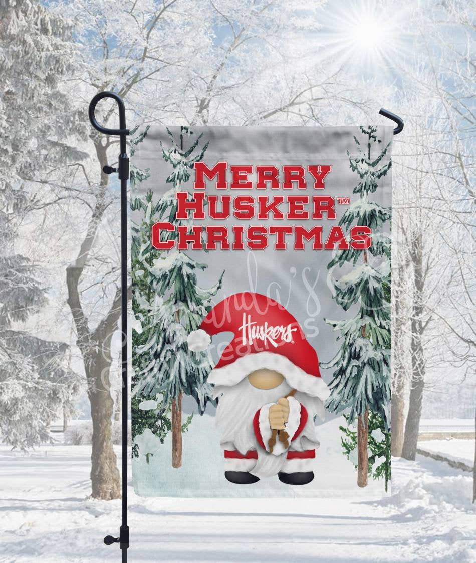 Merry Husker Christmas gnome garden flag