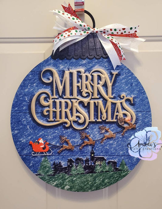 Merry Christmas door hanger with Santa and reindeer