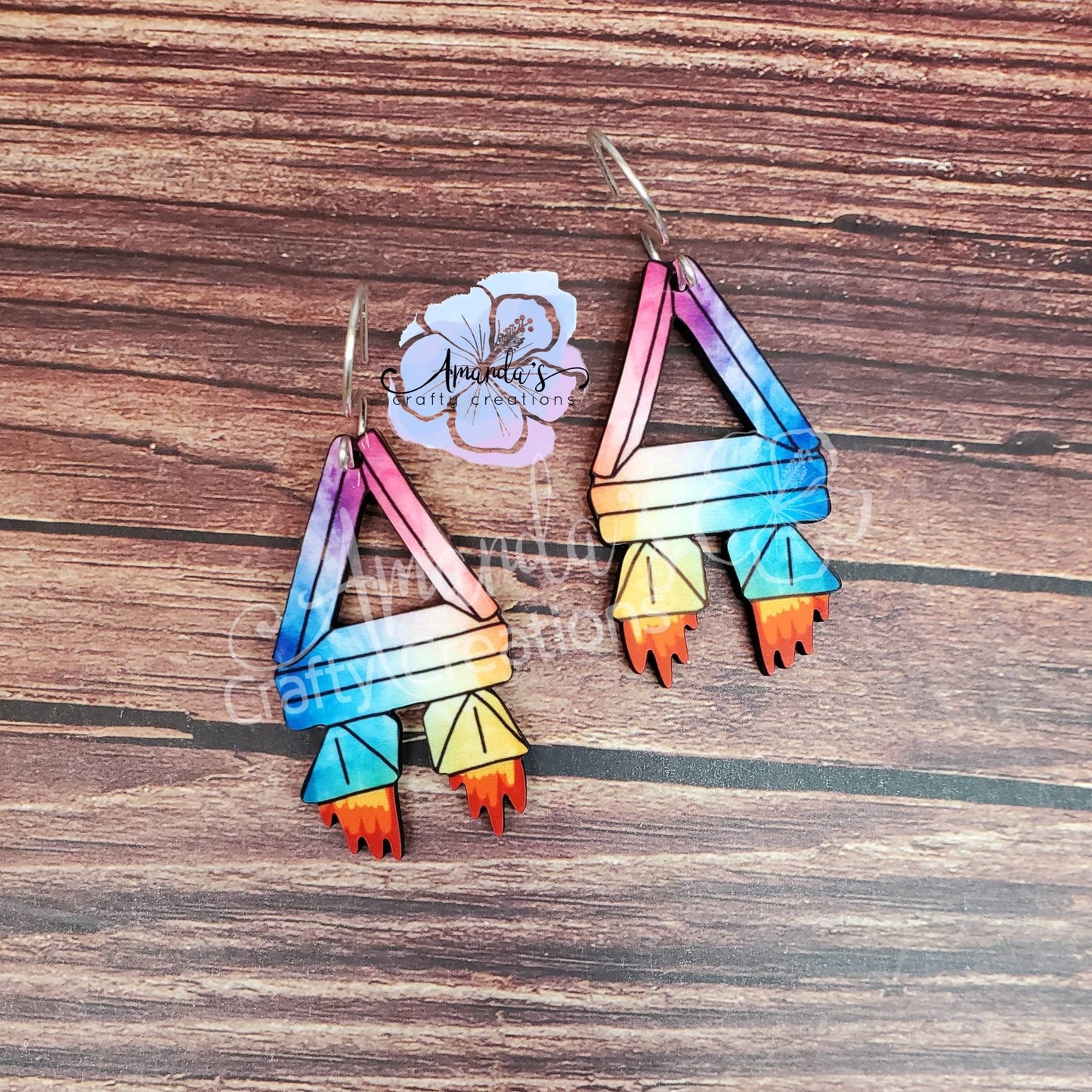 Drop Earrings, abstract rainbow rocket