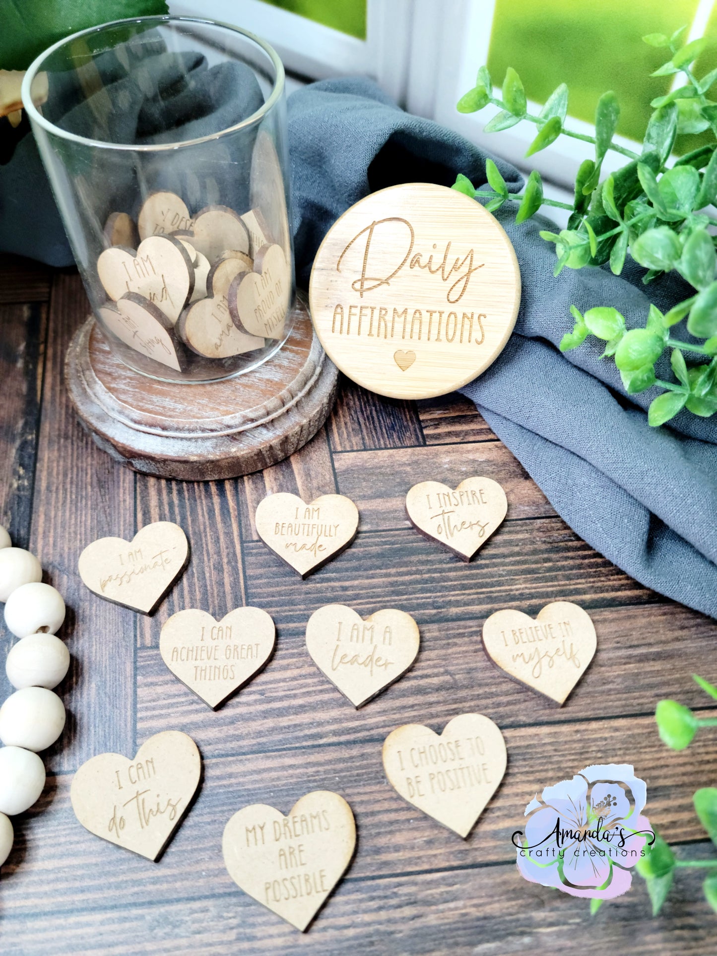 "Daily Affirmations"  tokens, laser engraved wood token jar and ideas, affirmations, gift idea