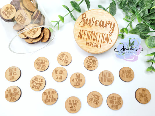"Sweary Daily Affirmations"  tokens, laser engraved wood token jar and ideas, sweary affirmations, gift idea
