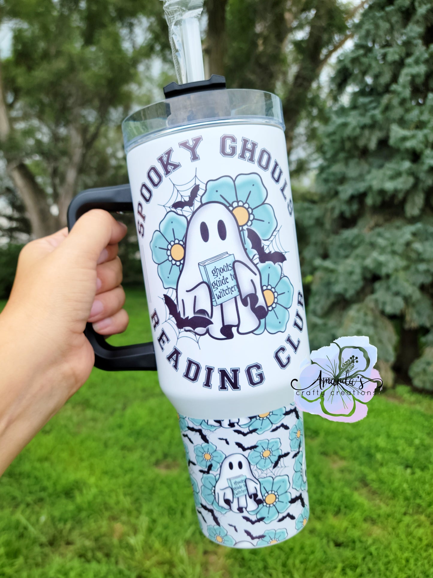 "Spooky Ghouls" 40oz tumbler with handle, Spooky ghouls reading, book lover, spooky lover, ghost, 40 oz metal tumbler with handle, spooky season, metal tumbler with straw