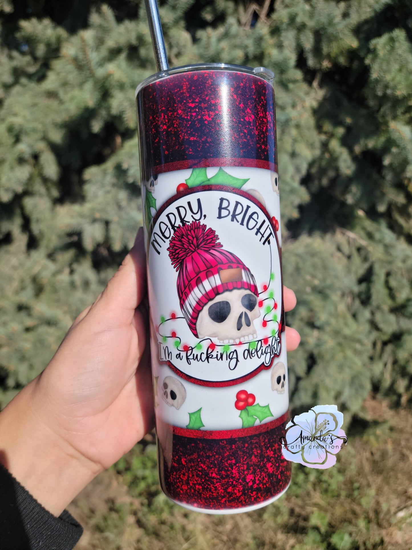 "Merry, Bright, I'm a fucking delight" 20 oz or 30 oz skinny metal tumbler, Merry and Bright, skull, I'm a fucking delight, Christmas, metal tumbler with straw