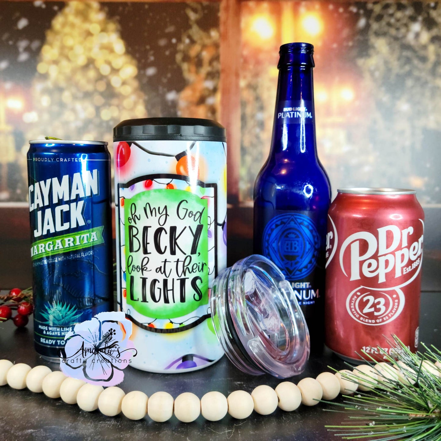 "Oh My God Becky, Look at Their Lights" 4 in 1 Metal can cooler, Christmas 4 in 1 skinny can holder metal,  Christmas lights, 4 in 1 skinny can holder metal, metal can coolers