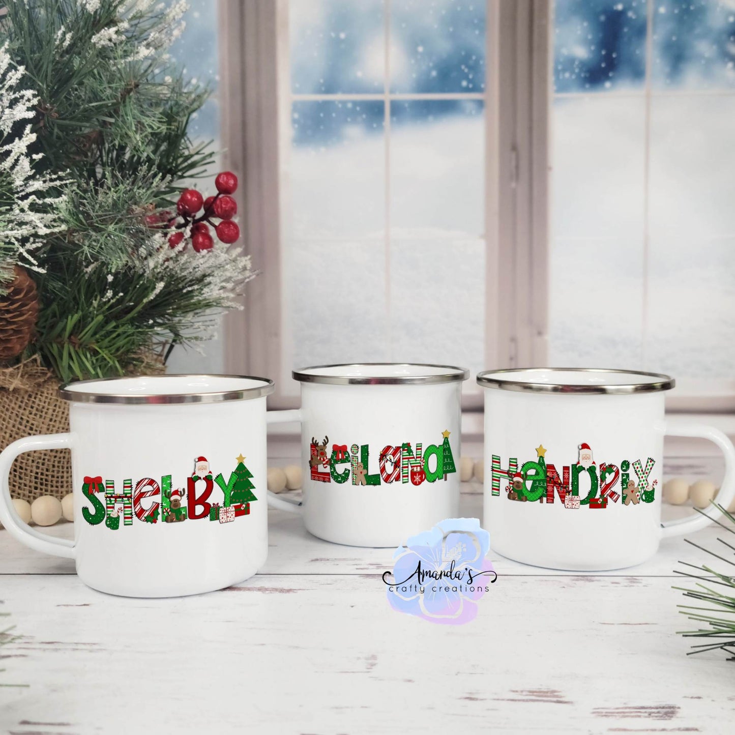 Personalized Christmas Font 8 oz Enamel Christmas Mug, Christmas mug, Christmas font mug, Enamel mug, Kids names, Christmas Eve mug, Christmas morning mug