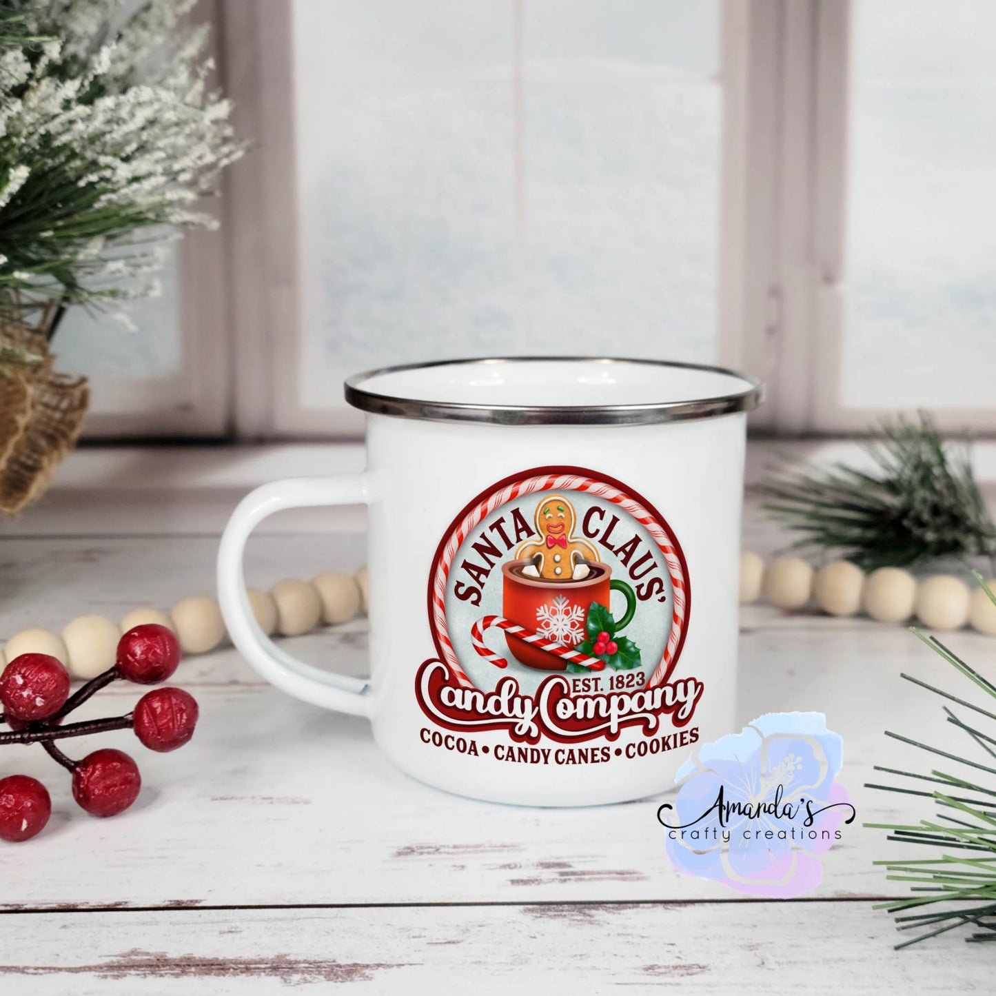 "Santa Claus Candy Company" 8 oz Enamel Mug, Christmas mug, Santa mug, Enamel mug