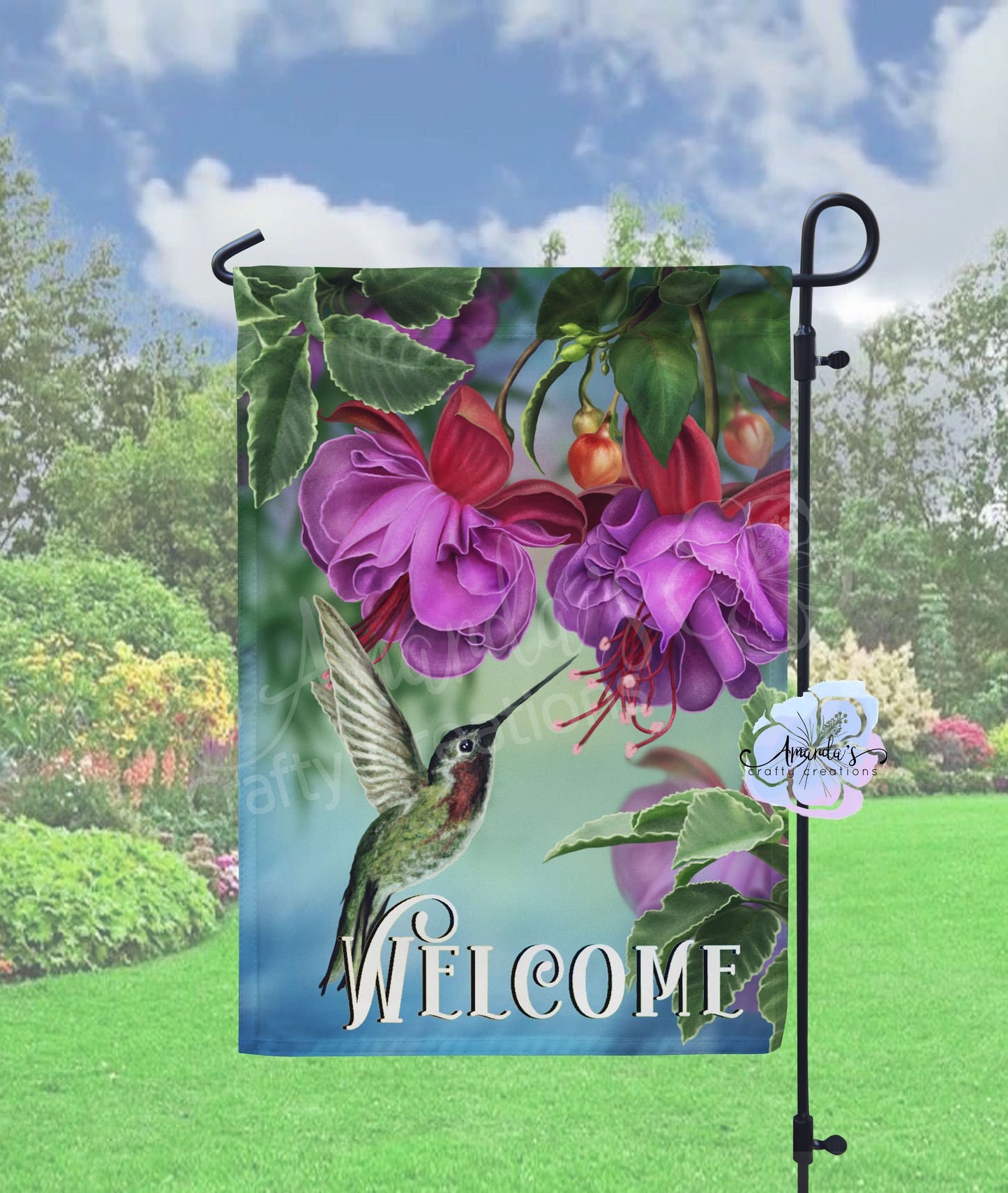 Garden flag with hummingbird and purple flowers