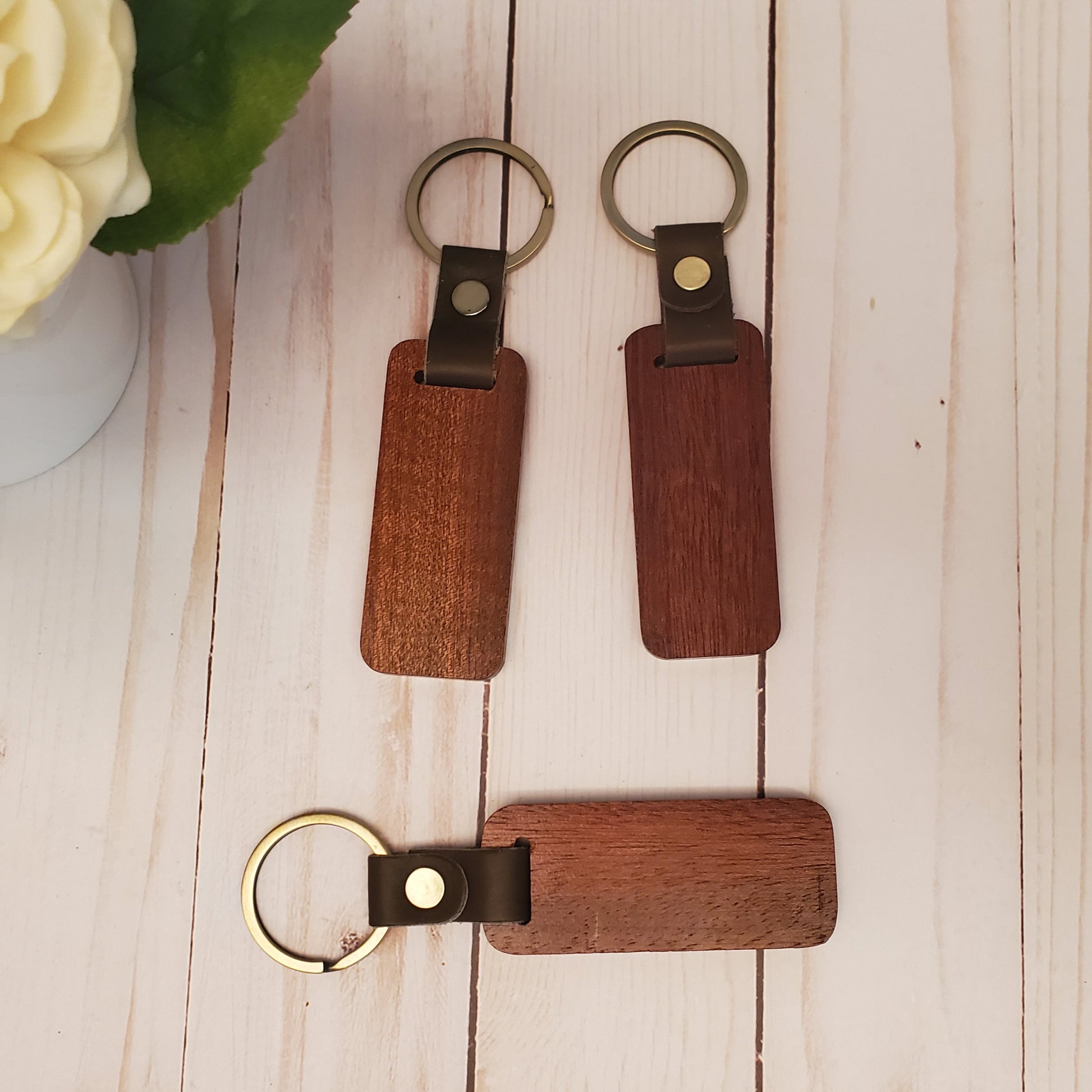 Customizable Wood rectangle keychain with leather band