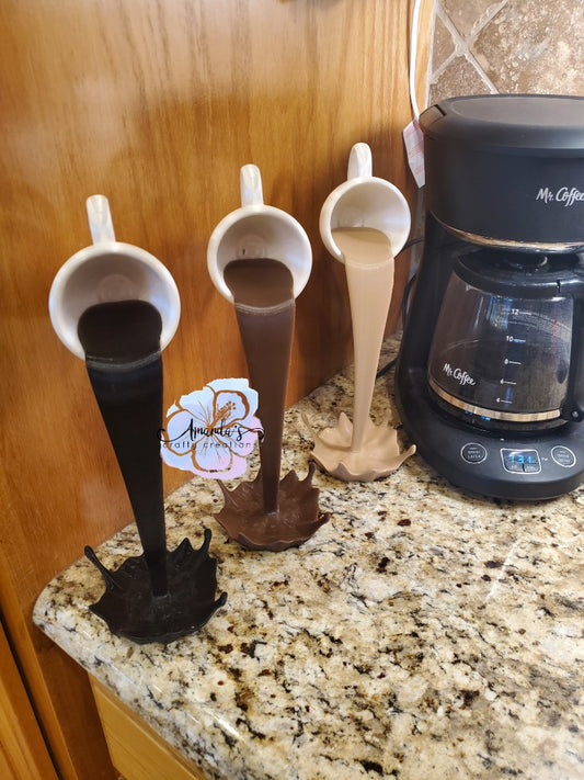 "Spilled coffee" Floating Coffee Cup decor, 3d printed, 3d printed coffee cart decor, coffee bar, coffee lovers
