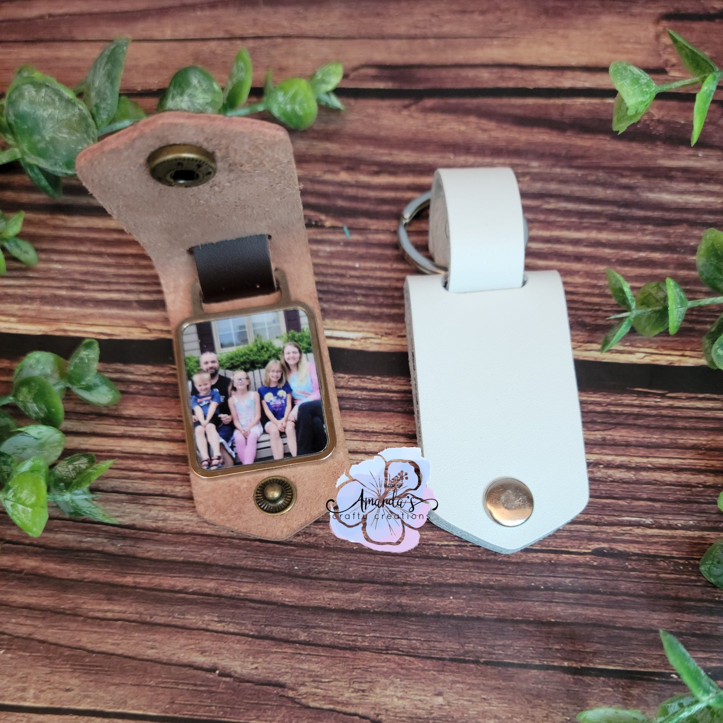 Custom photo key chains, brown leather or white