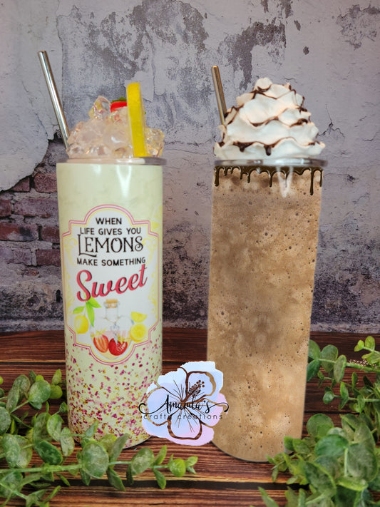 two tumblers, iced coffee and when life gives you lemons, make something sweet