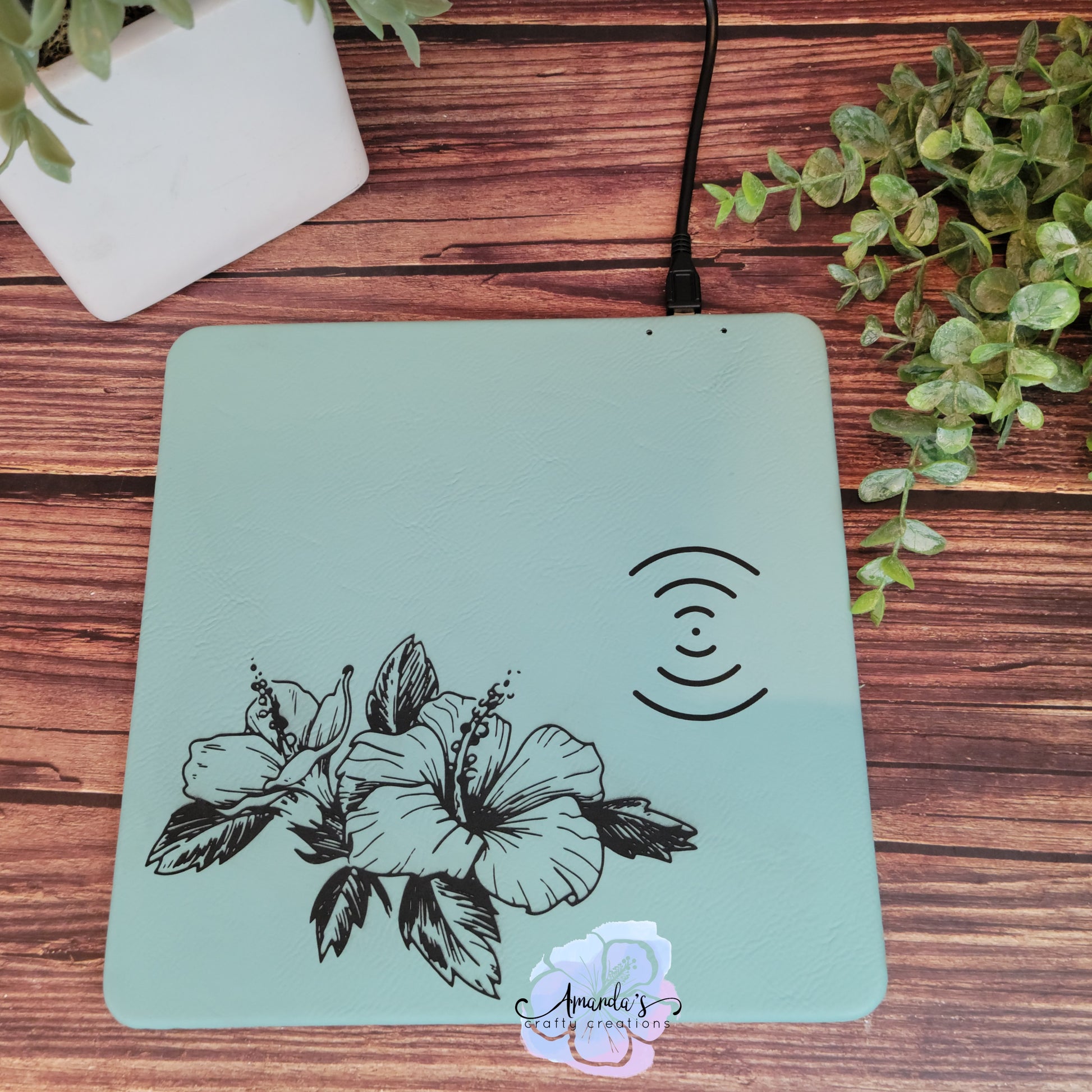 Leatherette wireless charging pad with hibiscus engraveable