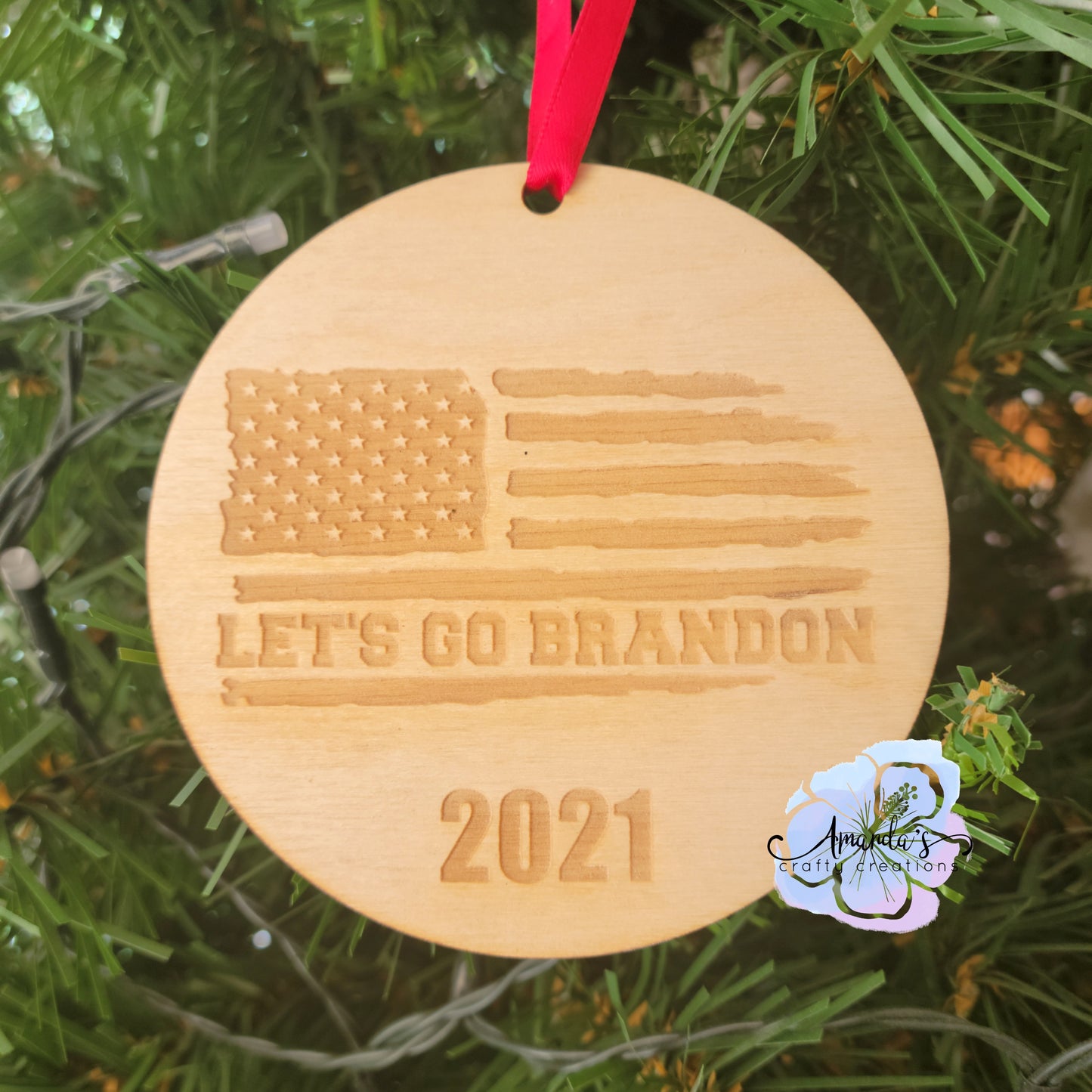 Customizable round wooden Christmas ornament with American flag