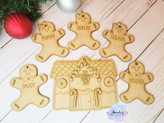 Personalized engraved gingerbread house kit with 5 gingerbread people