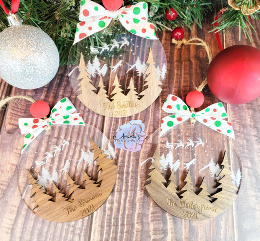 Customizable Personalized wood and acrylic ornament, rustic mountain, Santa's sleigh, family ornament, Christmas eve night