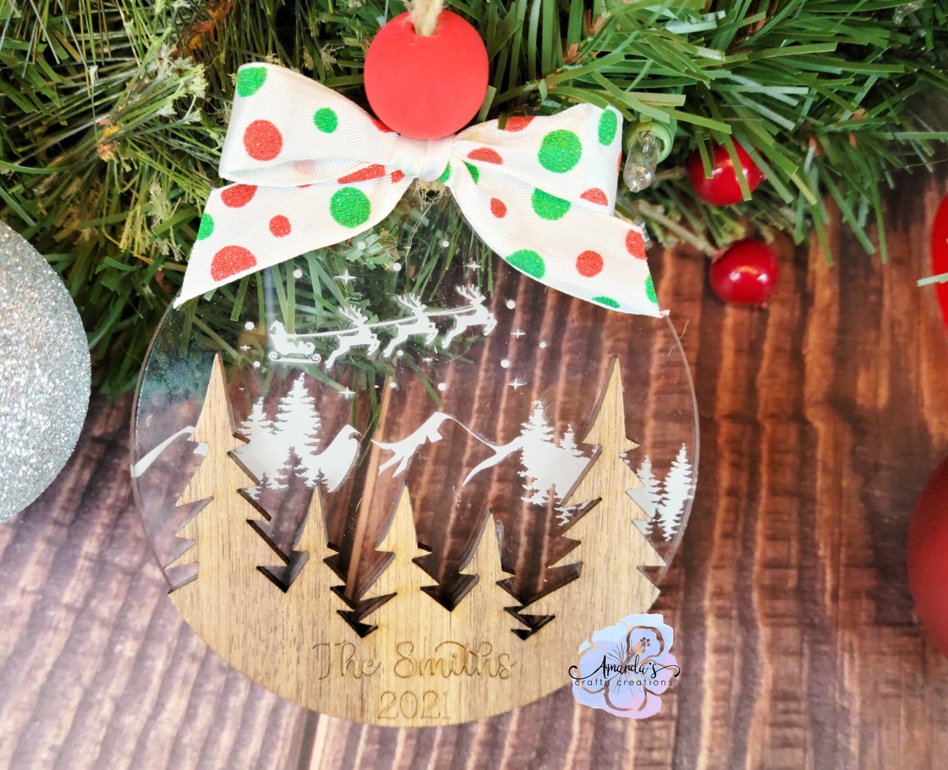 Customizable Personalized wood and acrylic ornament forest and Santa's sleigh