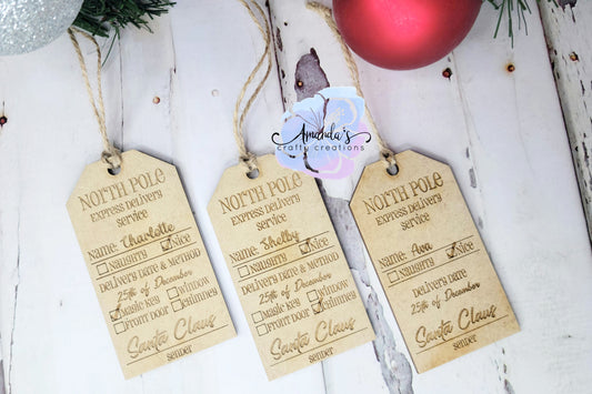North Pole express delivery service delivery tag engraved
