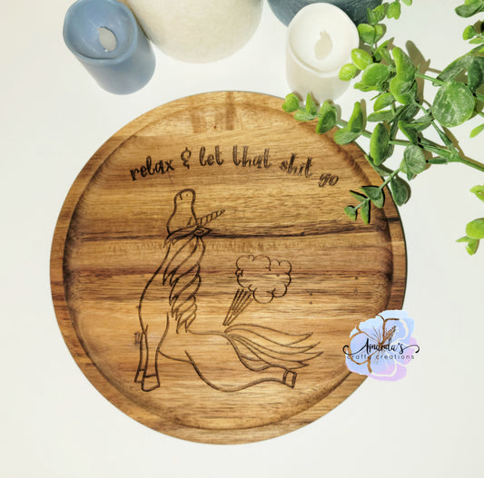 relax and let that shit go unicorn farting wooden dish