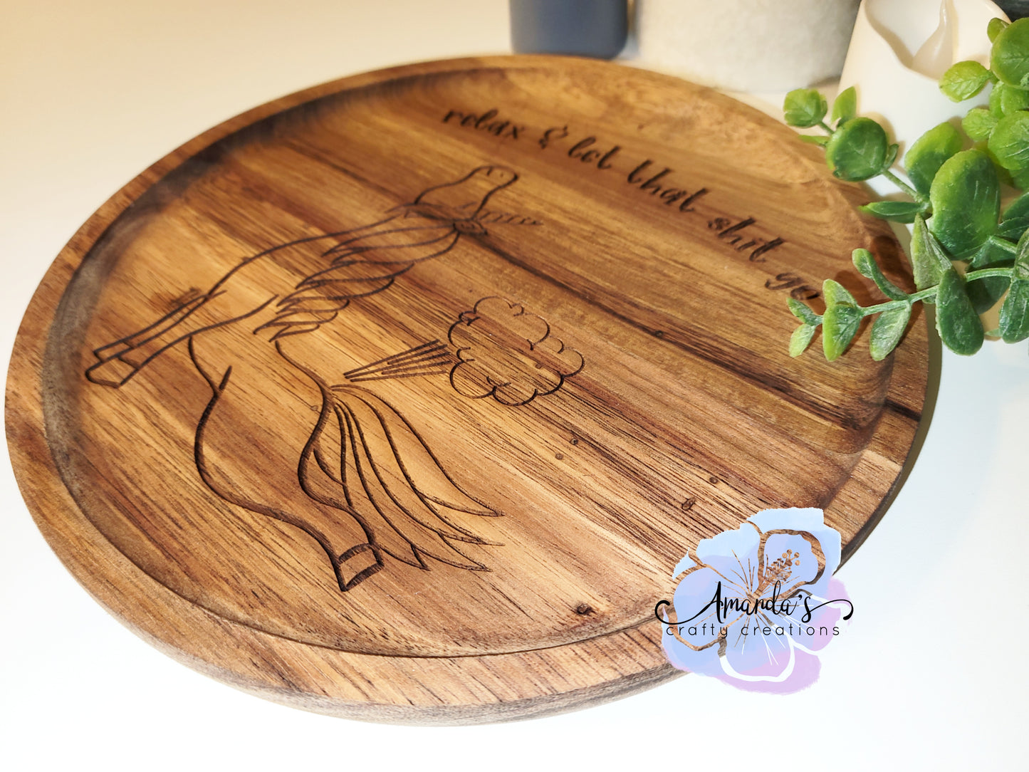 "Relax and Let it Go" Engarved Acacia Wood Round, Acacia wood dish, Shallow dish, engraved ring dish, key dish, decor