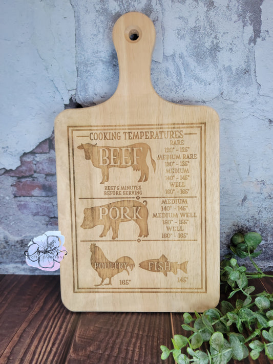 Meat cooking temperature engraved cutting board