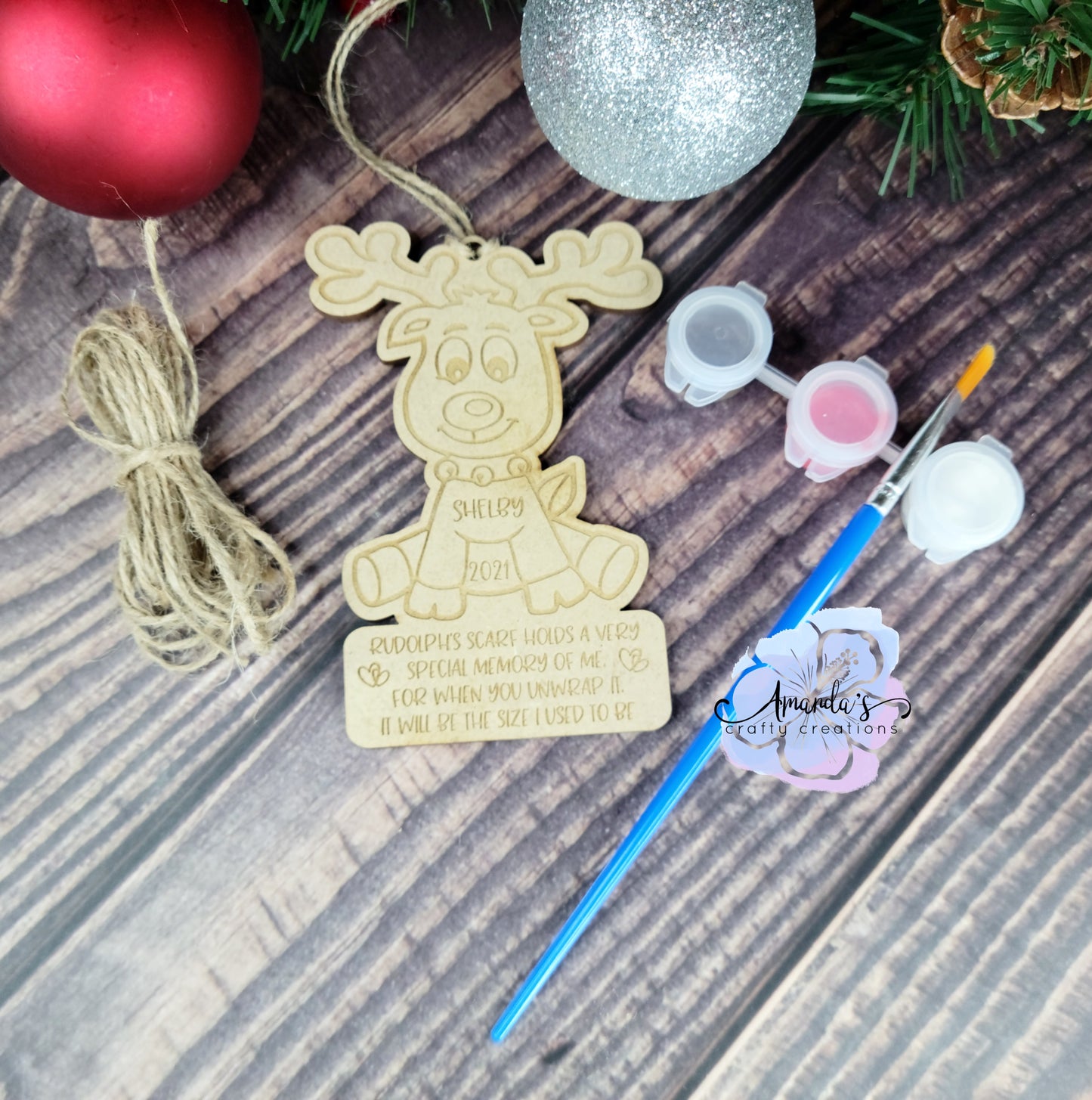 "Rudolf" ornament, Child growth ornament, child size, Rudolf ornament, engraved ornament, diy kit