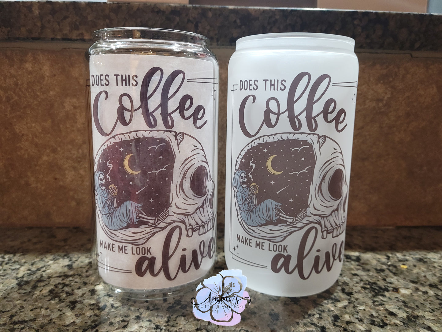 "Does this Coffee Make me Look Alive?" 16 oz glass can cup, beer can cup, clear or frosted, glass can beer cup with bamboo lid and plastic straw
