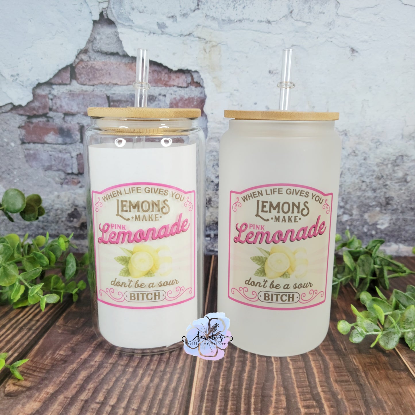 "Lemonade" 16 oz glass can cup, beer can cup, clear or frosted, glass can beer cup with bamboo lid and plastic straw