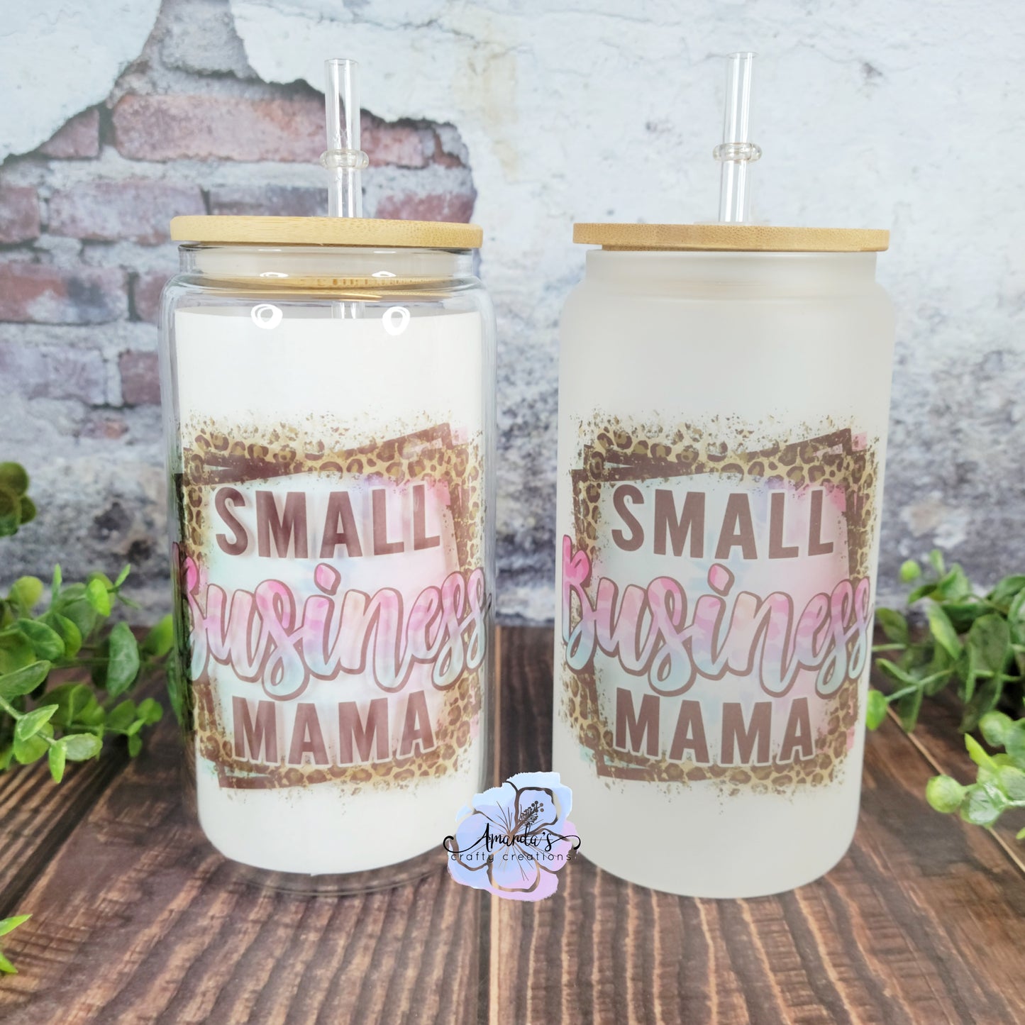 "Small Business Mama" 16 oz glass can cup, beer can cup, clear or frosted, glass can beer cup with bamboo lid and plastic straw