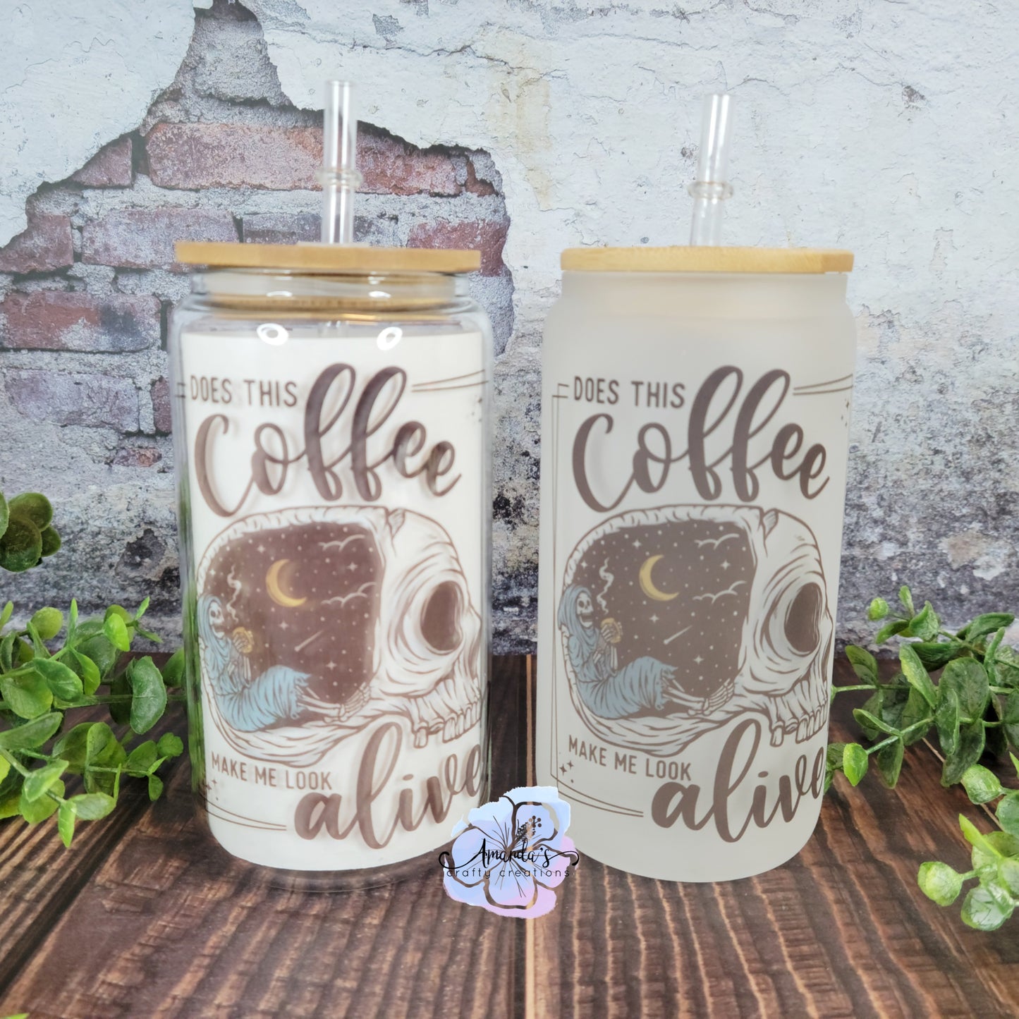"Does this Coffee Make me Look Alive?" 16 oz glass can cup, beer can cup, clear or frosted, glass can beer cup with bamboo lid and plastic straw