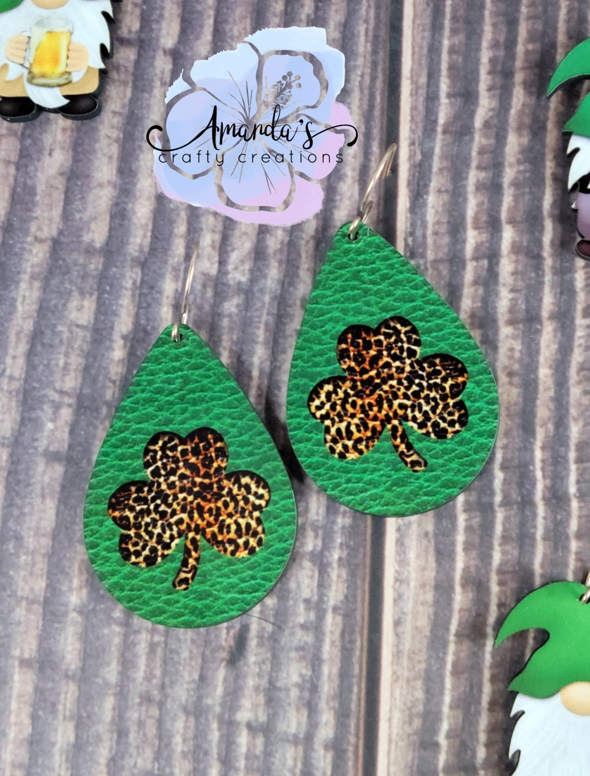 Drop Earrings, St. Patrick's Day green with leopard print clover