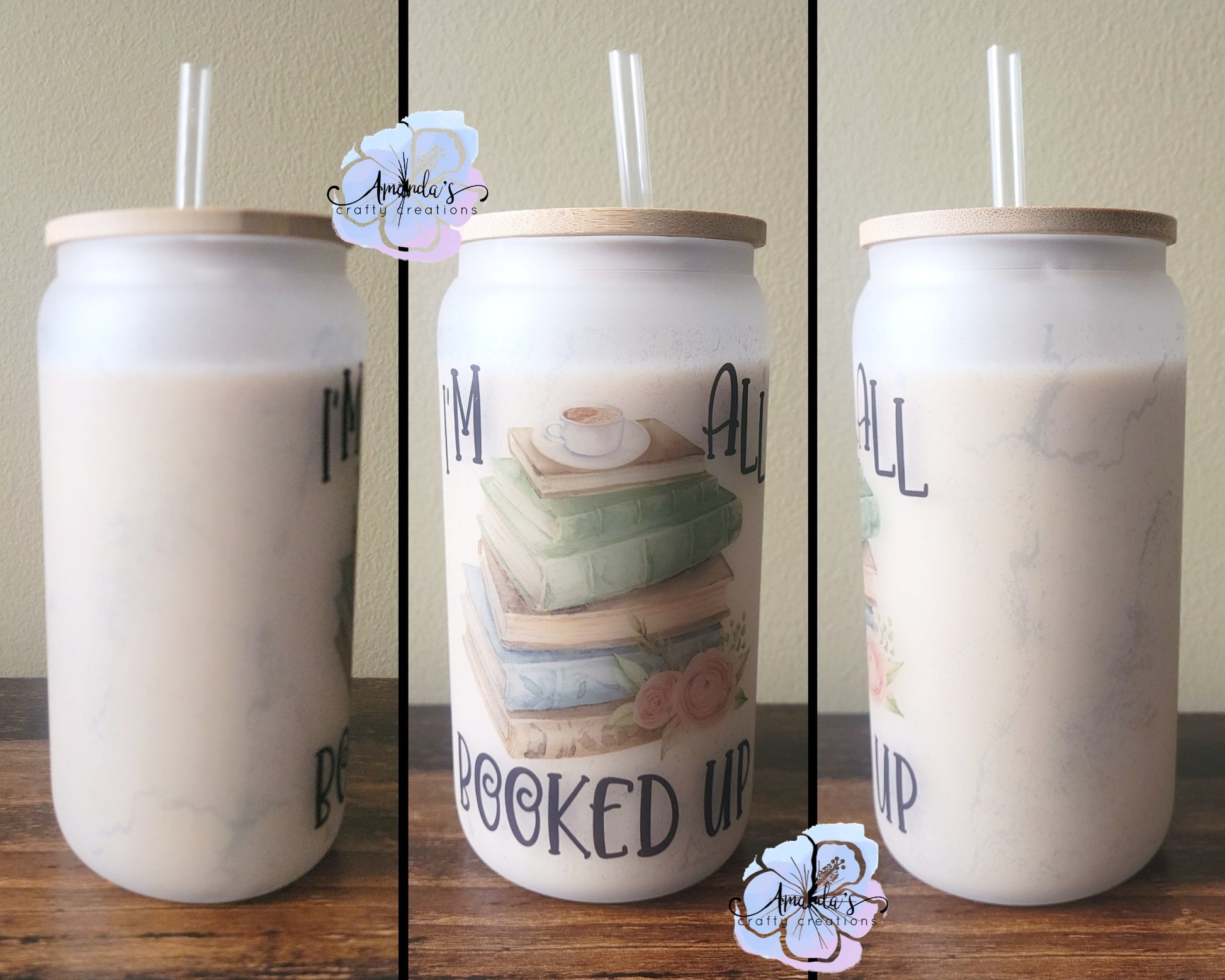 Customizable 16 oz glass can cup, beer can cup, clear or frosted, glass can  beer cup with bamboo lid and plastic straw
