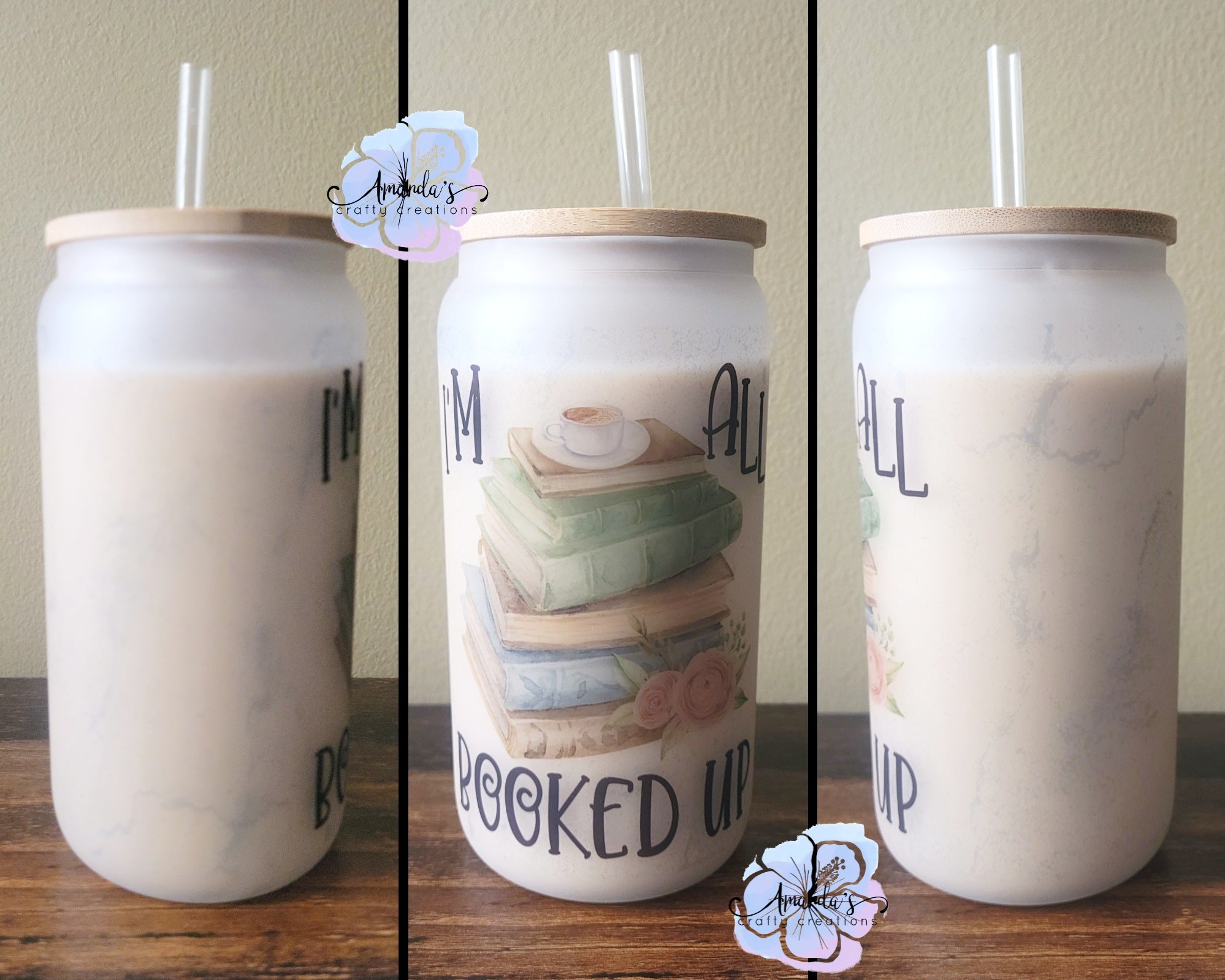 "All Booked Up" 16 oz Glass Can Cup – Frosted or Clear Beer Can Cup with Bamboo Lid and Straw