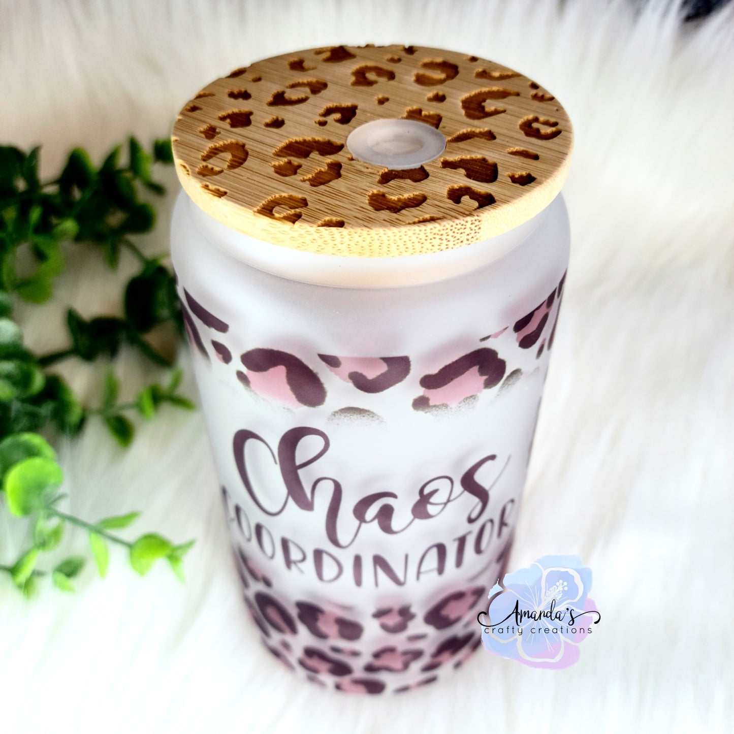 "Chaos Coordinator" rose leopard print 16 oz glass can cup, beer can cup, clear or frosted, glass can beer cup with bamboo lid and plastic straw