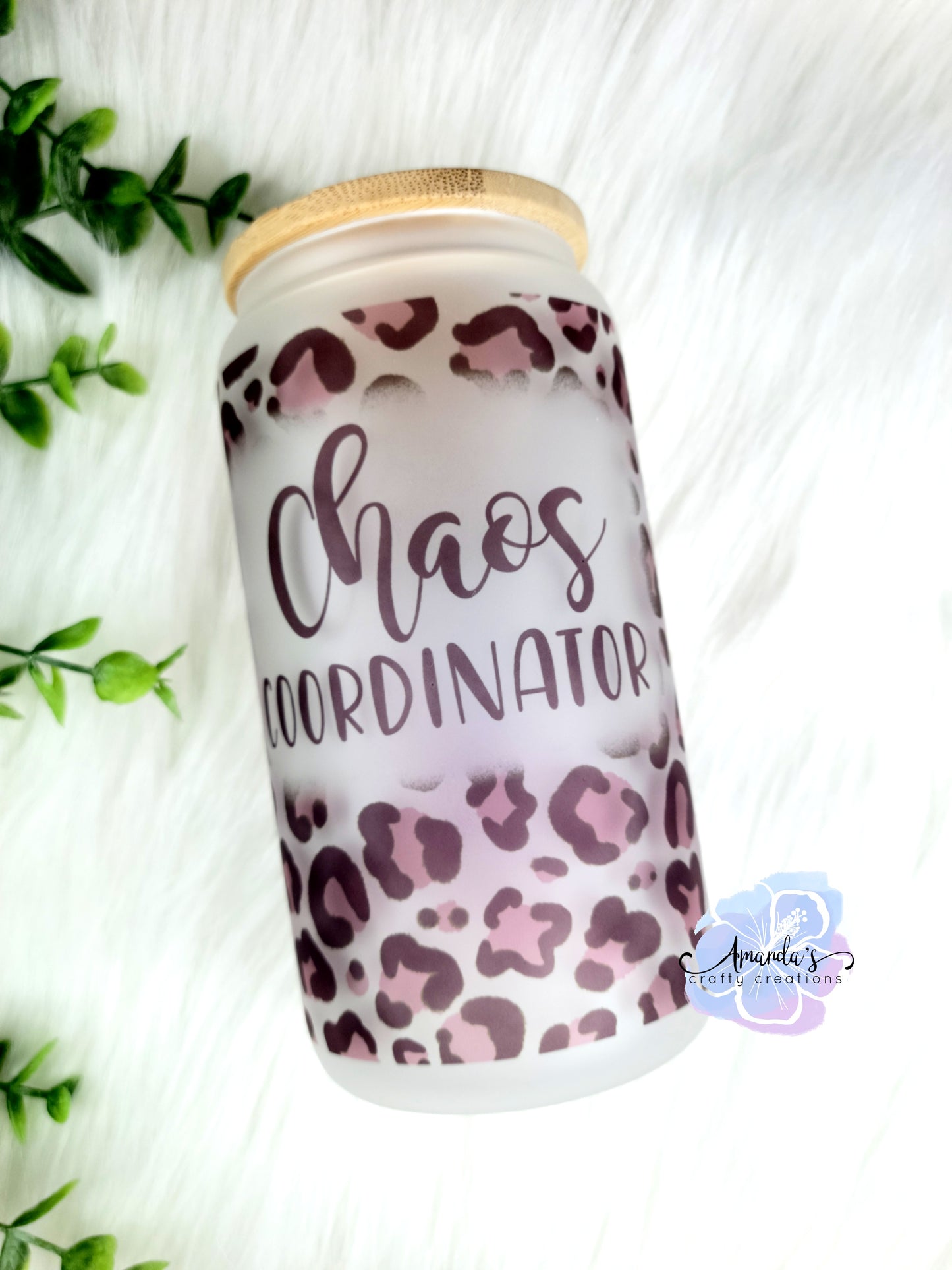 "Chaos Coordinator" rose leopard print 16 oz glass can cup, beer can cup, clear or frosted, glass can beer cup with bamboo lid and plastic straw