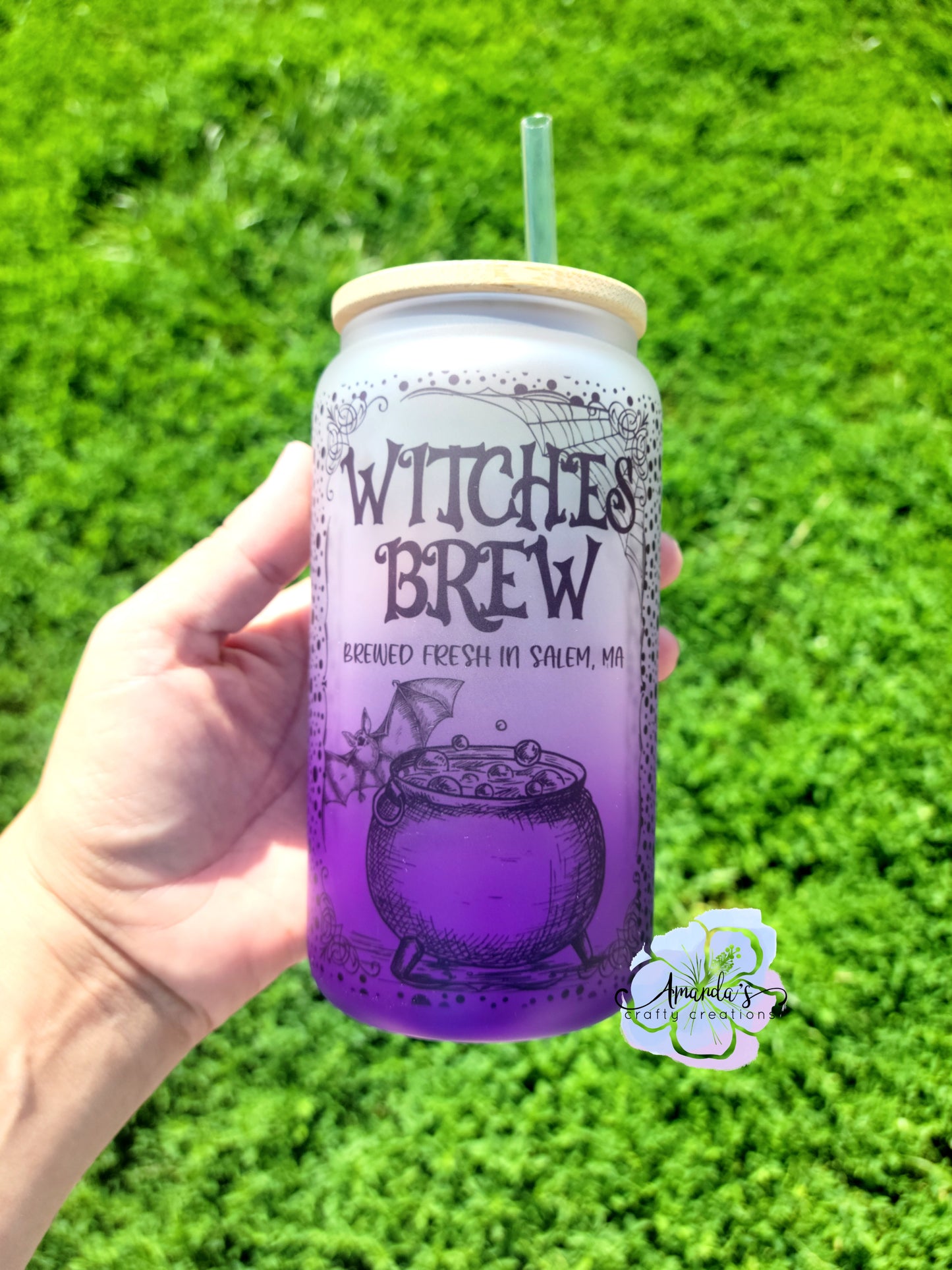 "Witches Brew" 16 oz ombre glass can cup, beer can cup, ombre frosted, glass can beer cup with bamboo lid and plastic straw
