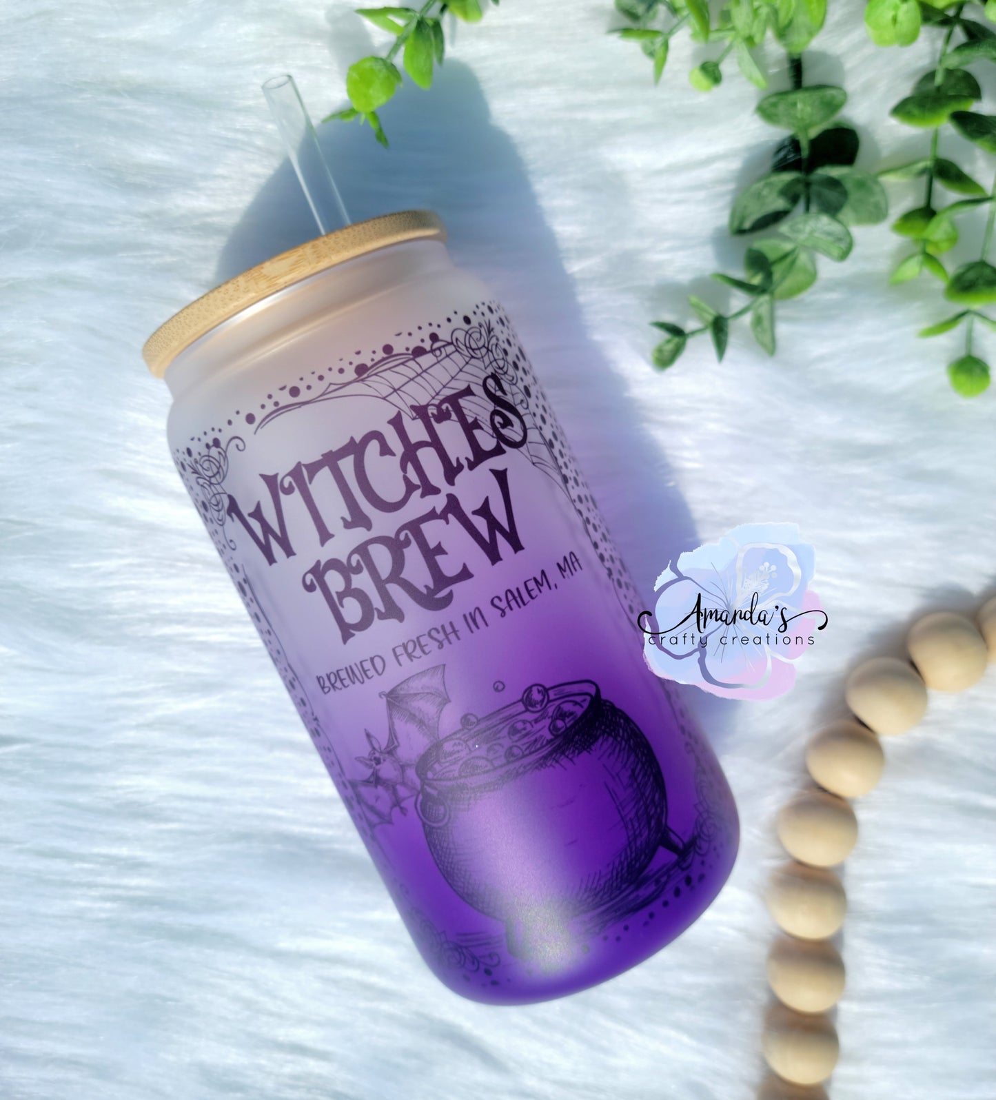 "Witches Brew" 16 oz ombre glass can cup, beer can cup, ombre frosted, glass can beer cup with bamboo lid and plastic straw