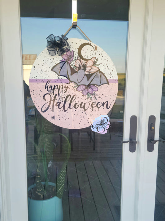 "Happy Halloween" Bat and Flowers Door Hanger, Bat and Flowers door hanger, Happy Halloween, Halloween, Bat, Round door hanger