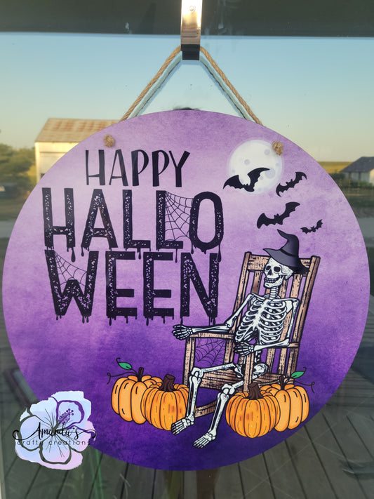 "Happy Halloween" Skeleton and pumpkins Door Hanger, Halloween decor door hanger, Happy Halloween, Halloween, Round door hanger