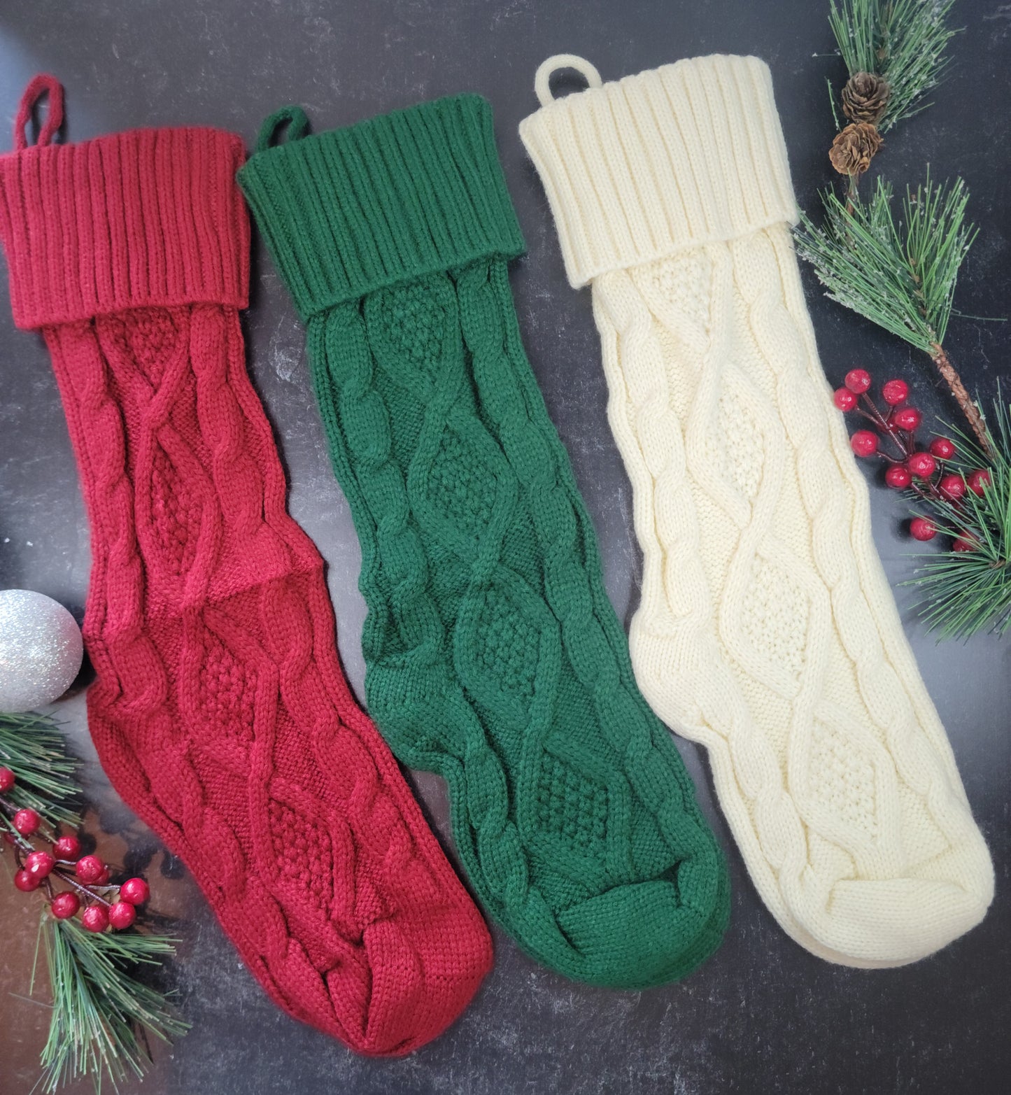 Cable Knit Christmas Stocking, Personalized Engraved Leather patch, custom family stockings for Christmas, 3 colors