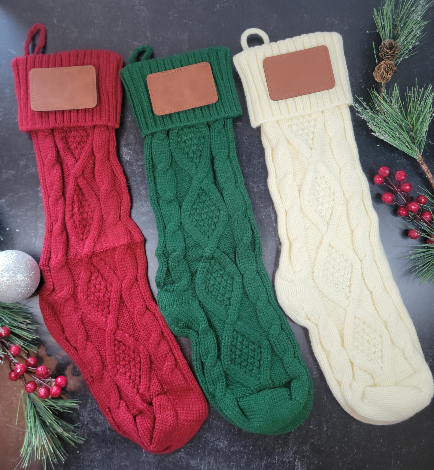 Cable Knit Christmas Stocking, Personalized Engraved Leather patch, custom family stockings for Christmas, 3 colors