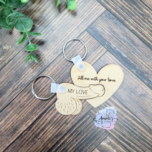 "My Love" Couples' Keychains, laser engraved wood keychain set, Adult Themed keychain set, Mature, NSFW