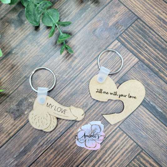 "My Love" Couples' Keychains, laser engraved wood keychain set, Adult Themed keychain set, Mature, NSFW