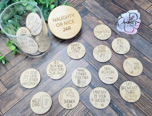 "Naughty or Nice" activity tokens, laser engraved wood token jar and ideas, adult couple, gift idea